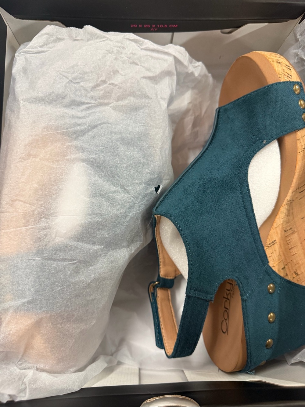 Corkys Teal Suede Open-Toe Cork Wedge Sandal - Picture 8 of 8
